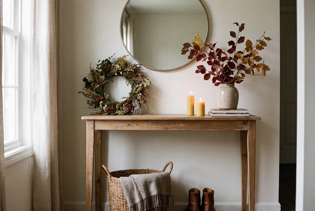 Entryway console styled with dried foliage, a seasonal wreath, candles, and a woven basket