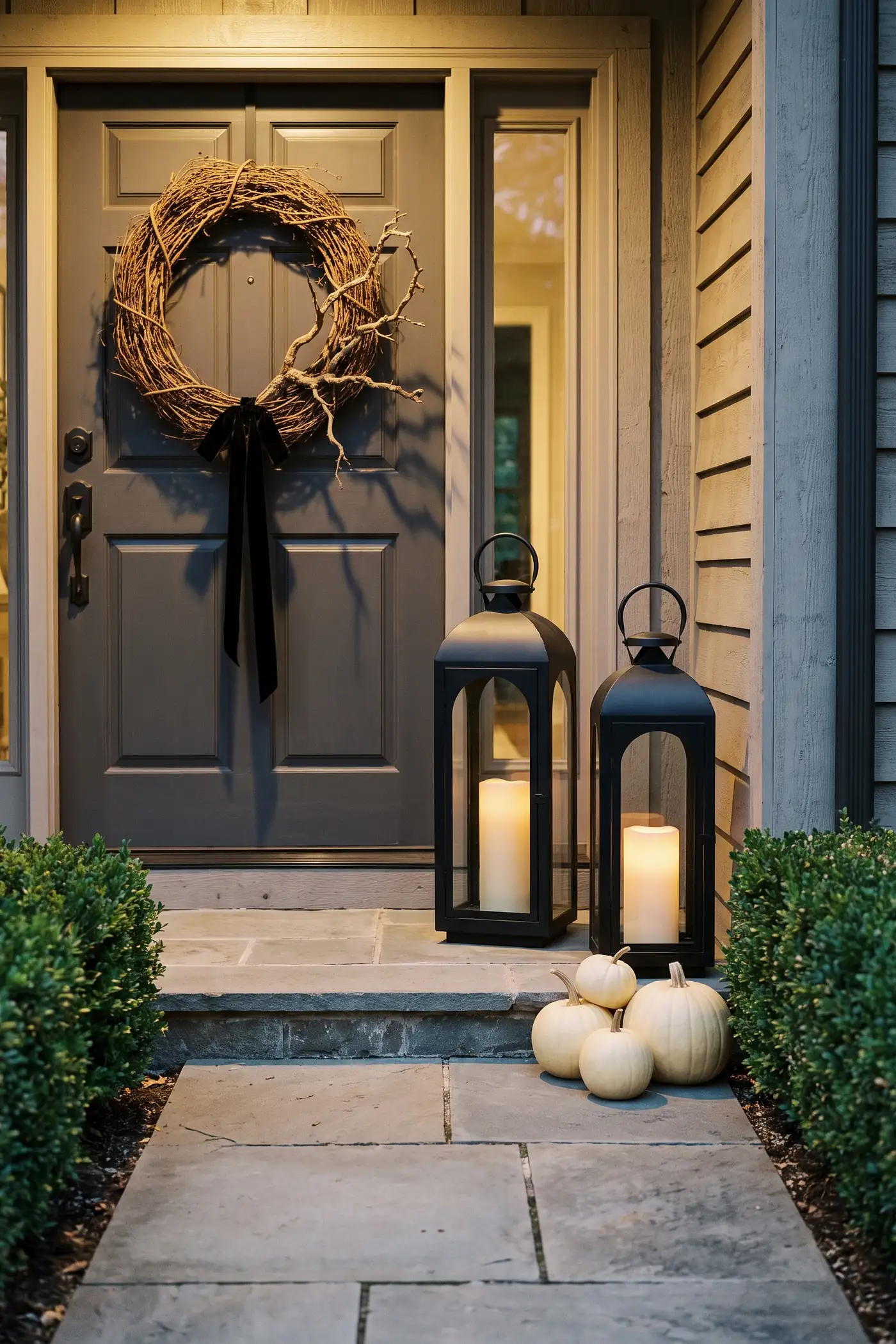 Refined Halloween entry with a bare grapevine wreath, black velvet ribbon, and oversized black lanterns