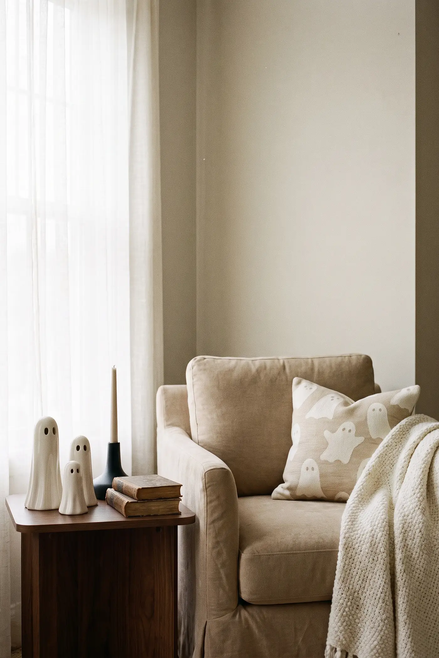 Cozy neutral Halloween reading corner with ceramic ghosts, tonal pillows, and an off-white textured throw