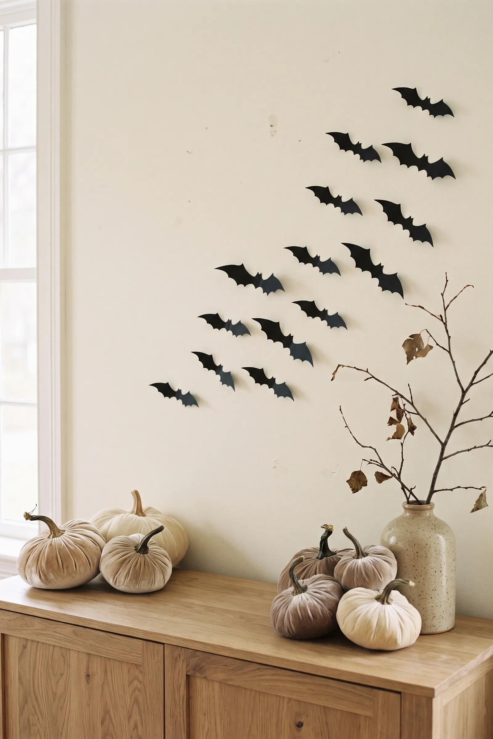 Champagne velvet pumpkins on a wood console beneath a restrained flight of matte-black bats