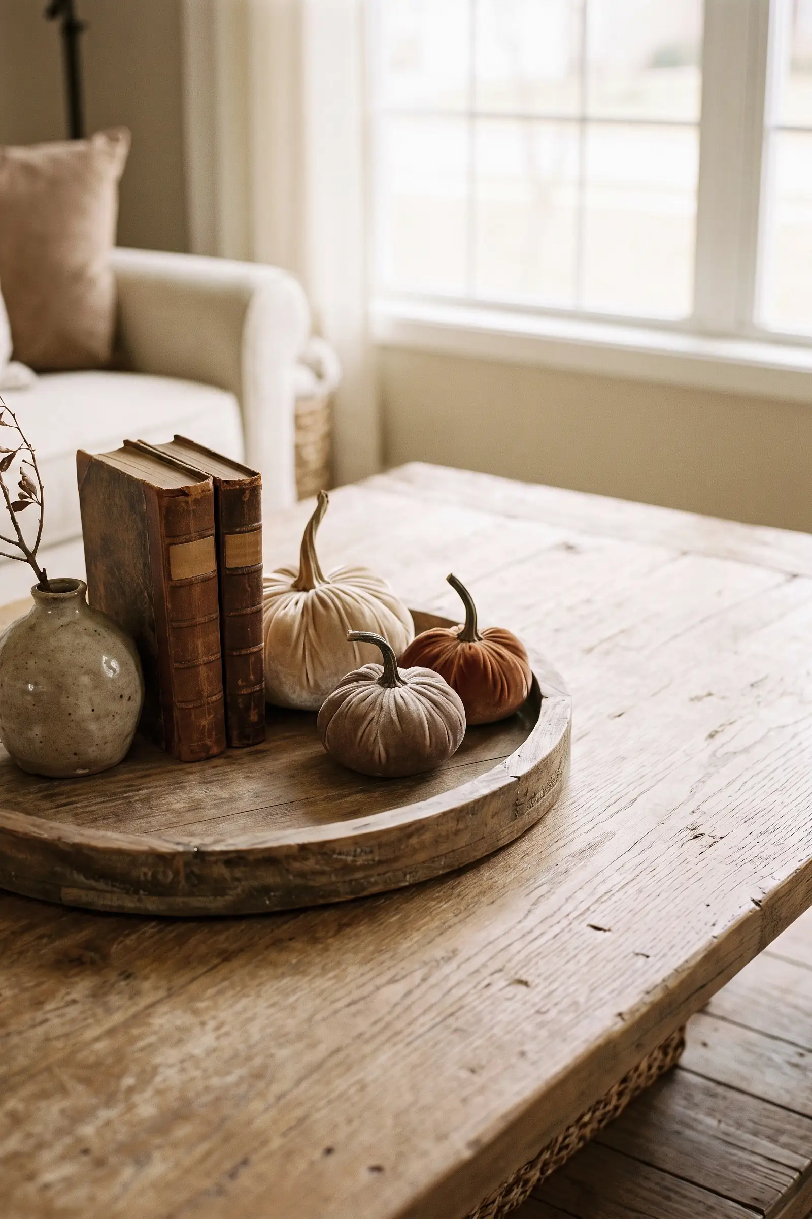 Round wood tray with books, ceramic vase, and muted velvet pumpkins on a coffee table