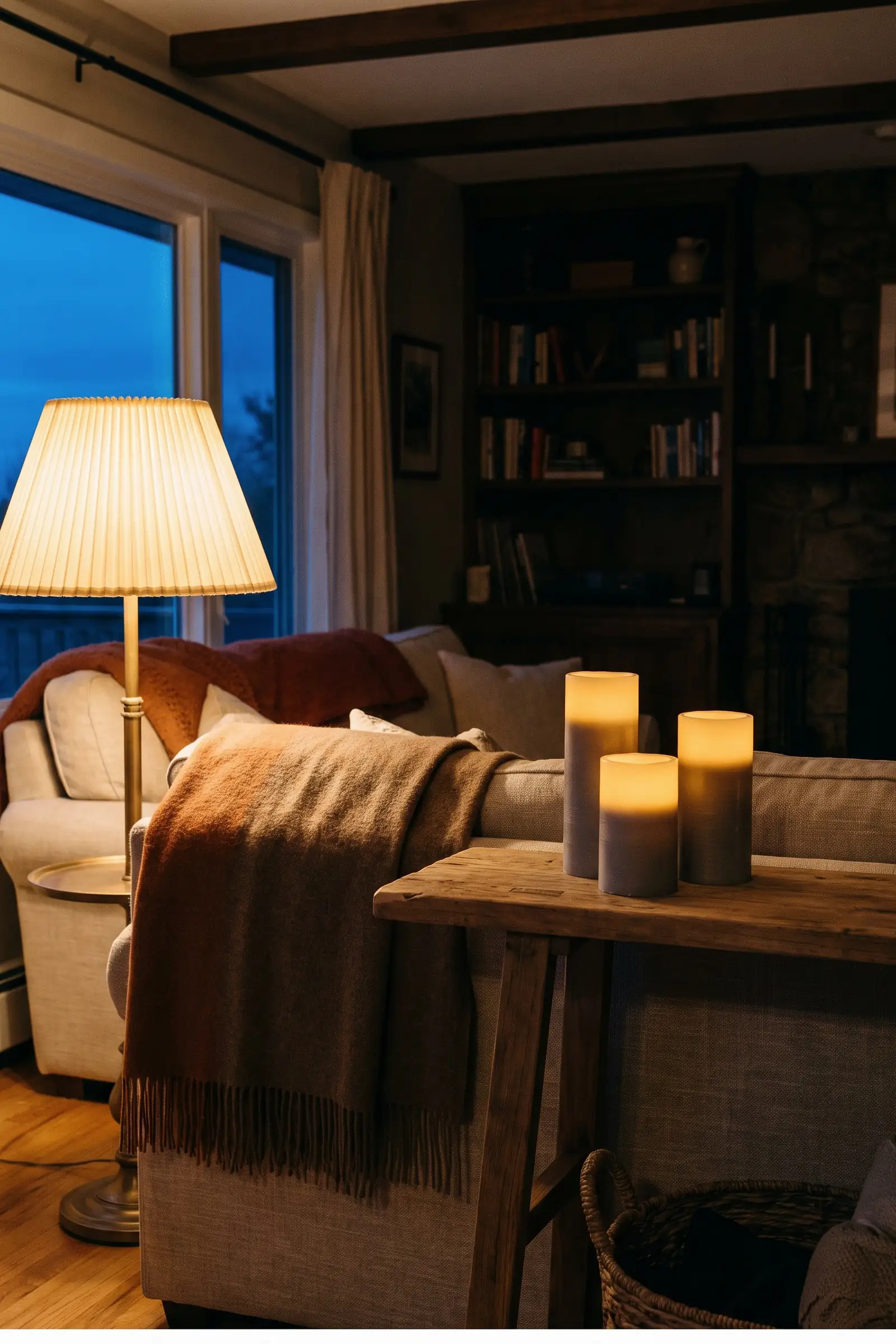 Fall living room at dusk with layered table lamps and gray flameless pillar candles