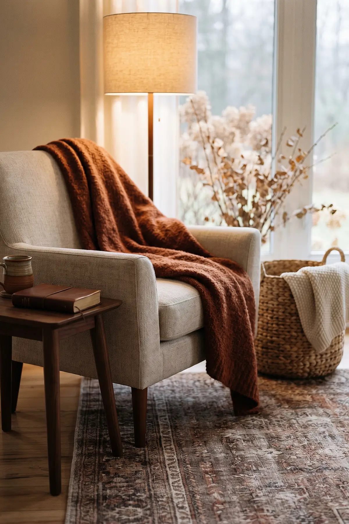 Inviting fall reading corner with a warm lamp, rust throw, and woven blanket basket