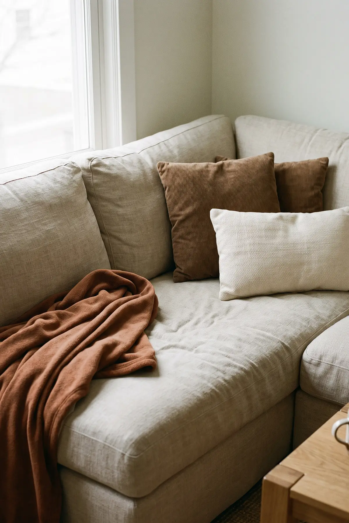 Oatmeal sofa layered with a rust throw and tonal corduroy pillows for fall