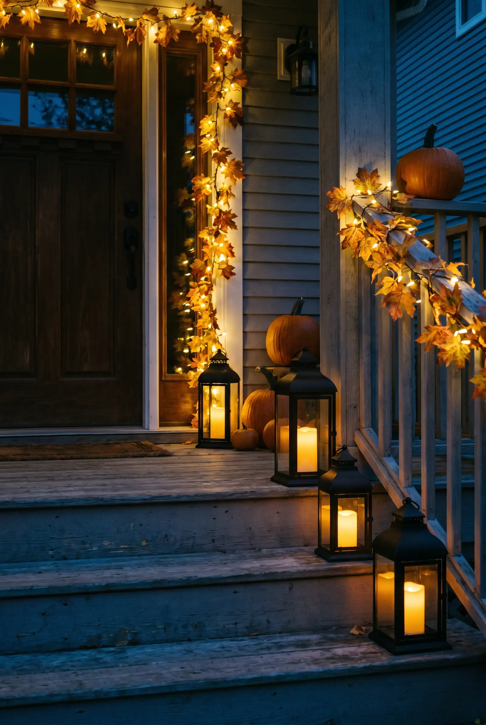 Fall front porch glowing at dusk with lanterns, flameless candles, fairy lights, garland, and pumpkins