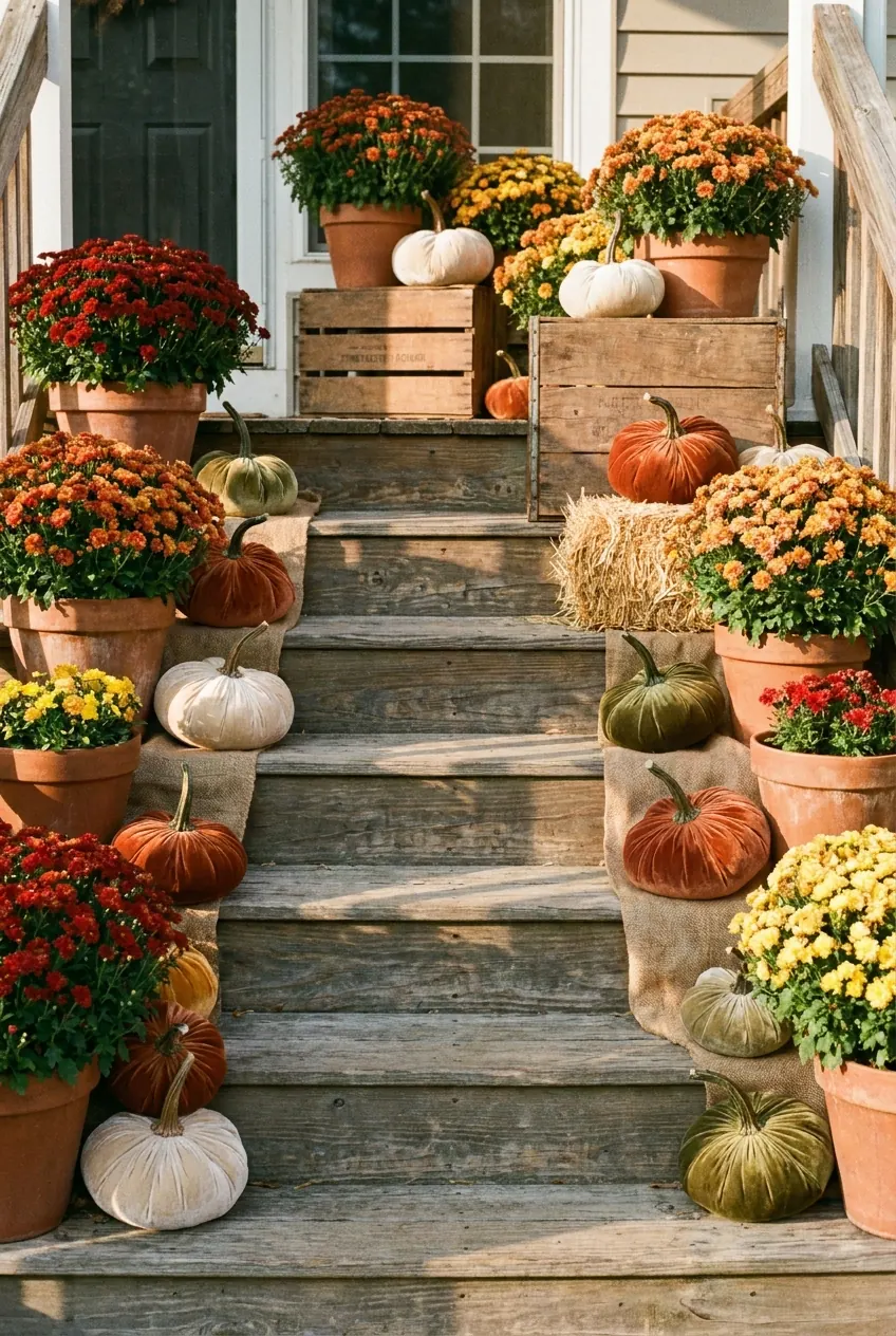 Fall porch steps styled with mums, velvet pumpkins, a wooden crate, and a small hay bale