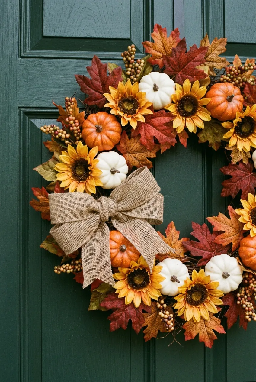 Textured autumn wreath with mini pumpkins, sunflowers, maple leaves, berries, and a burlap bow