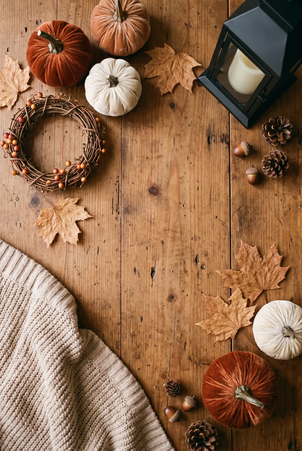 Fall porch decor moodboard with velvet pumpkins, dried leaves, a miniature wreath, blanket, lantern, pinecones, and acorns