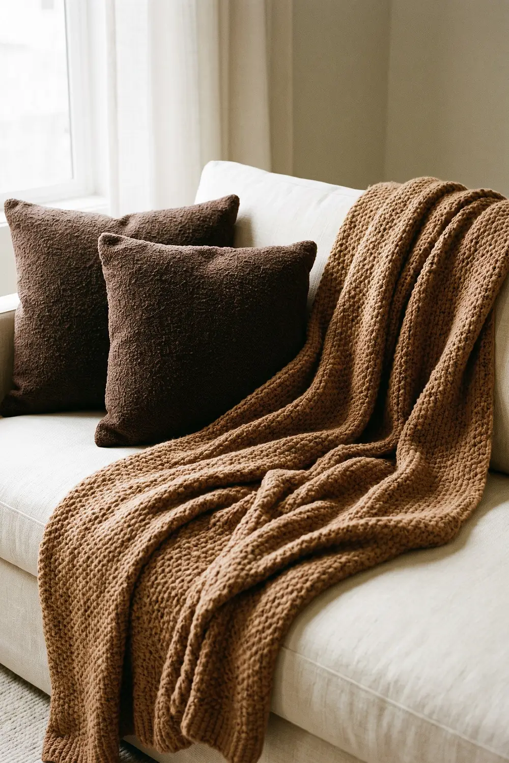 Brown boucle pillows and a caramel chunky-knit throw layered on a cream sofa