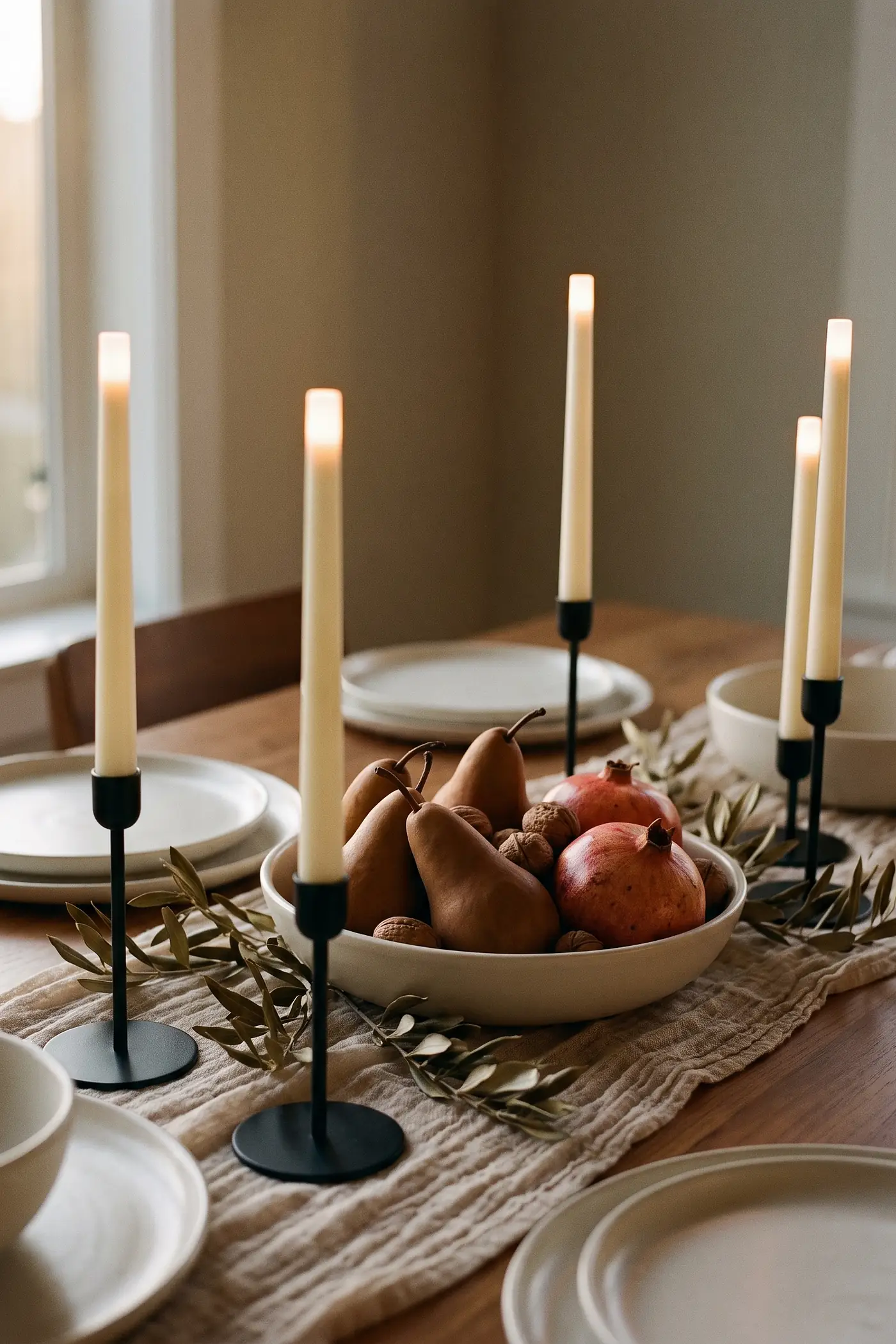 Low Thanksgiving centerpiece with pears, pomegranates, branches, and flameless ivory tapers