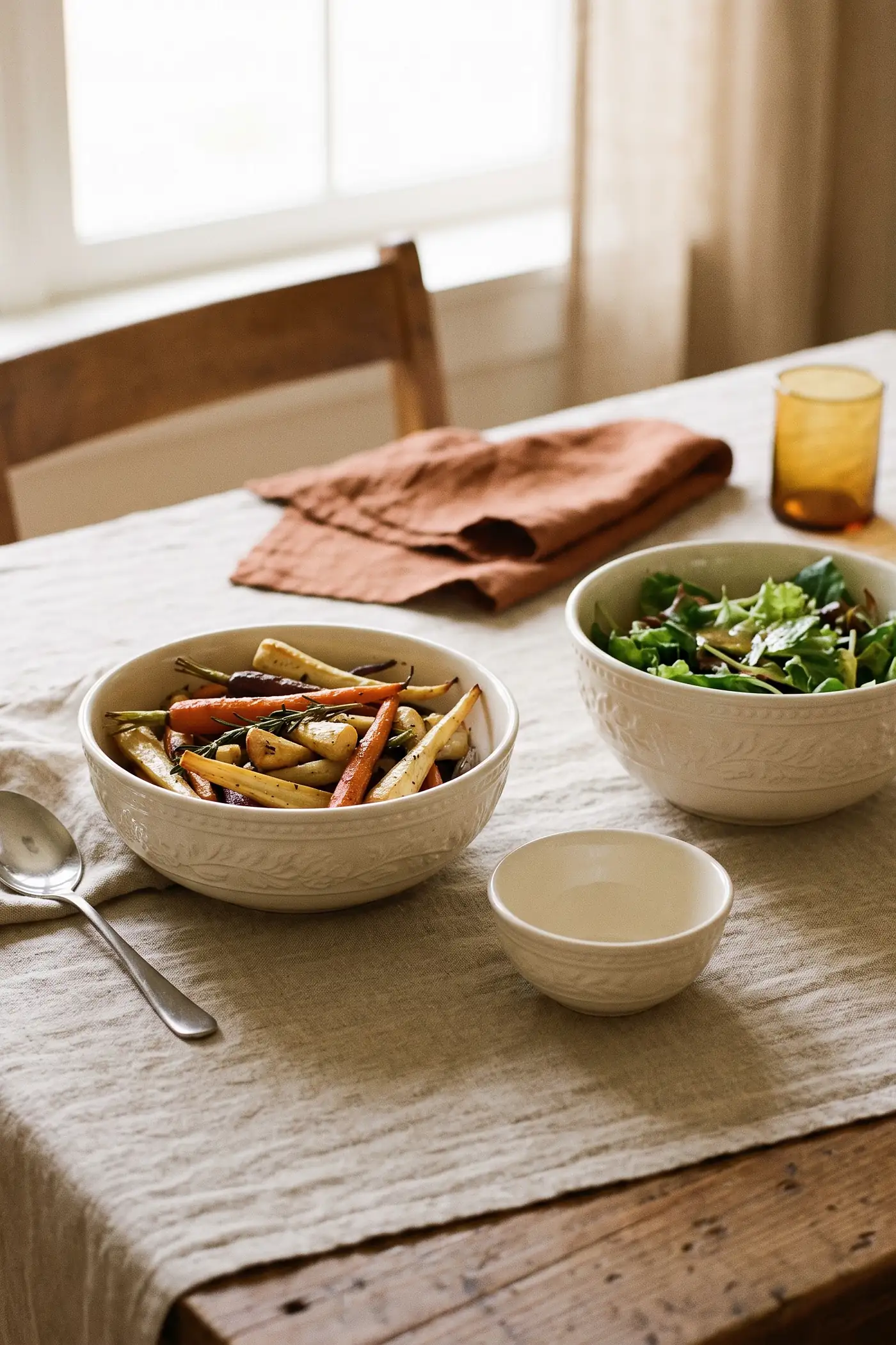 Ivory serving bowls arranged in a clear landing zone on a Thanksgiving table